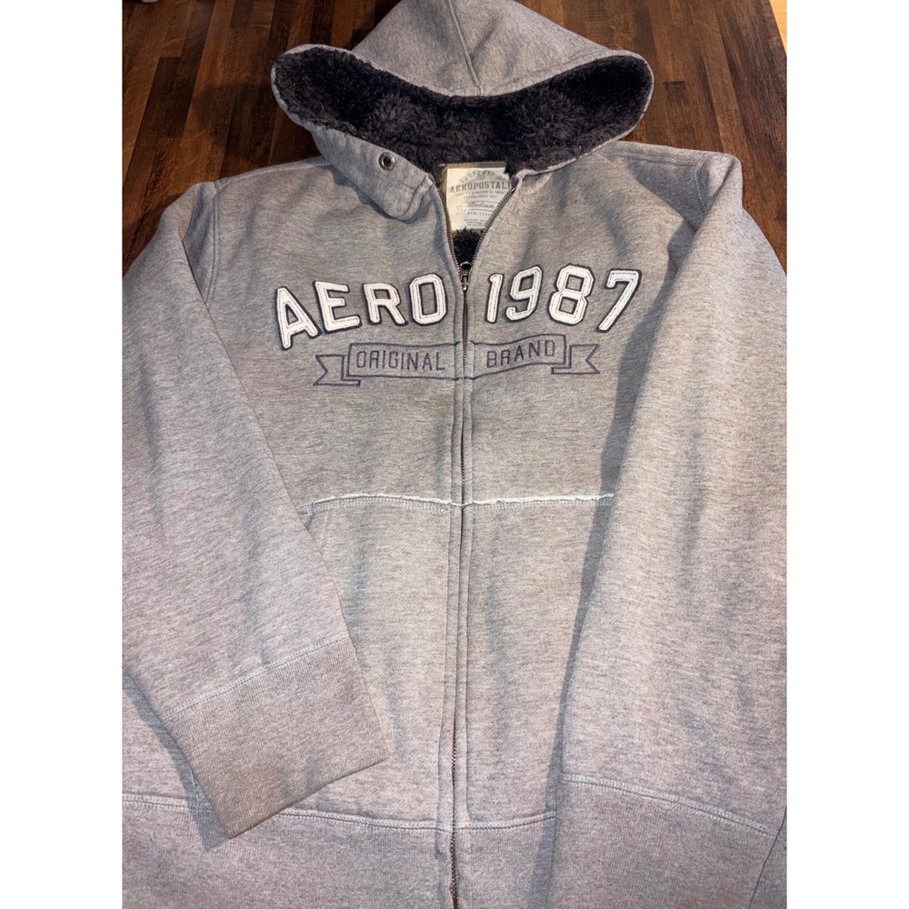 Aeropostale Mens Sherpa Lined Full Zip Hoodie Gray Aero 1987 Graphic‎ Medium